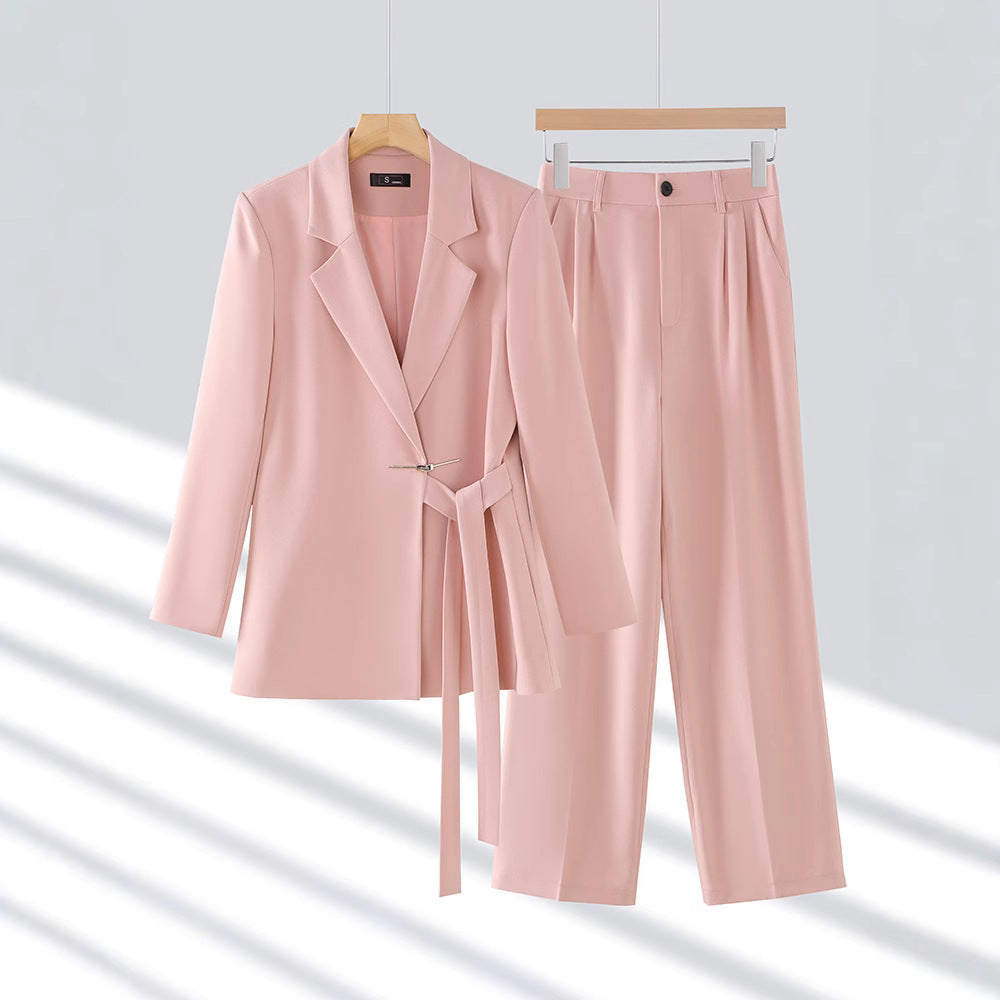 Women's Belted Blazer & Wide-Leg Trouser Suit Set