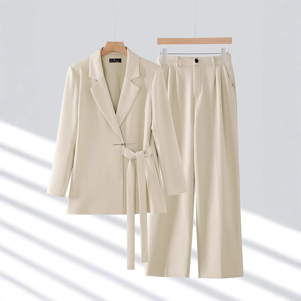 Women's Belted Blazer & Wide-Leg Trouser Suit Set