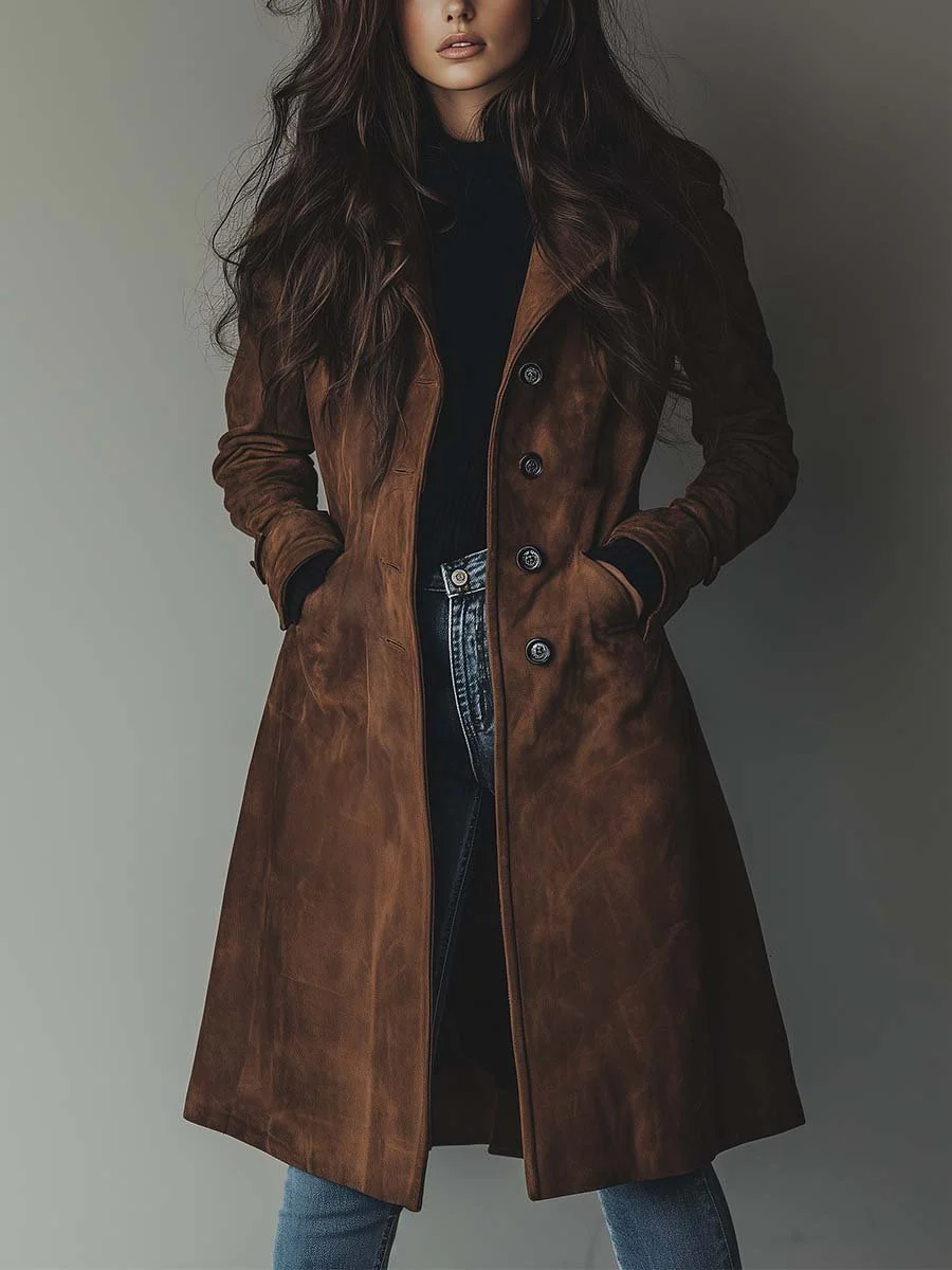 Women's Longline Notch Lapel Faux Suede Trench Coat