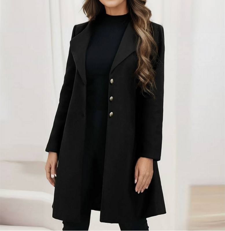 Women's Black Notched Lapel Wool-Look Longline Winter Coat