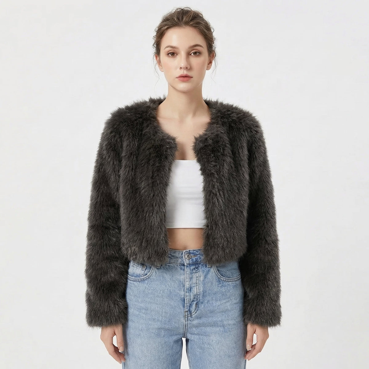 Women's Faux Fur Cropped Open-Front Jacket