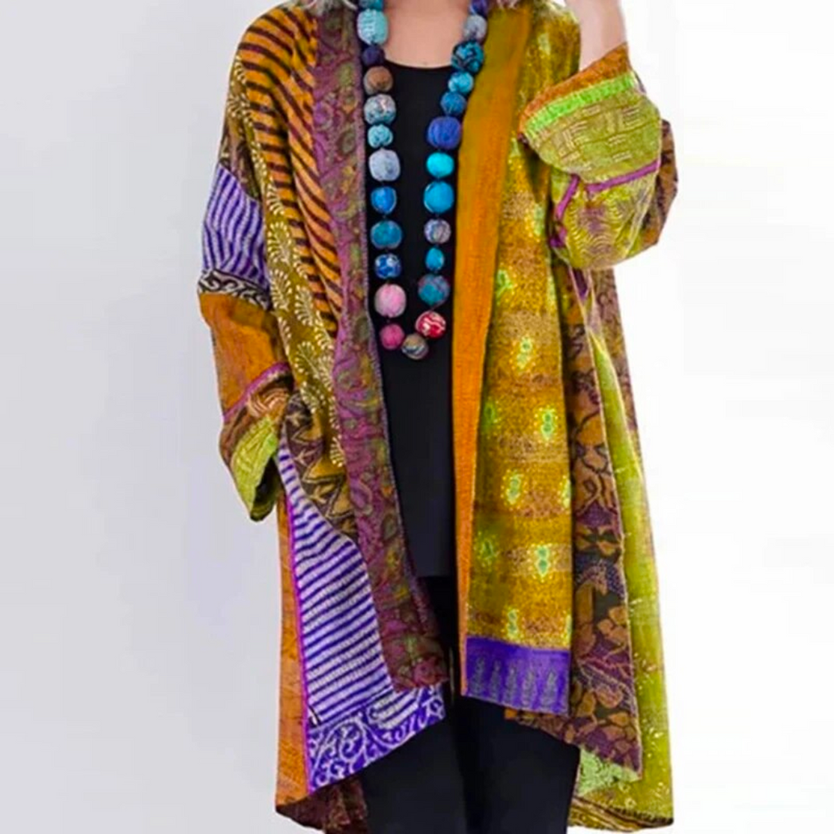 Women's Boho Patchwork Open-Front Duster Cardigan