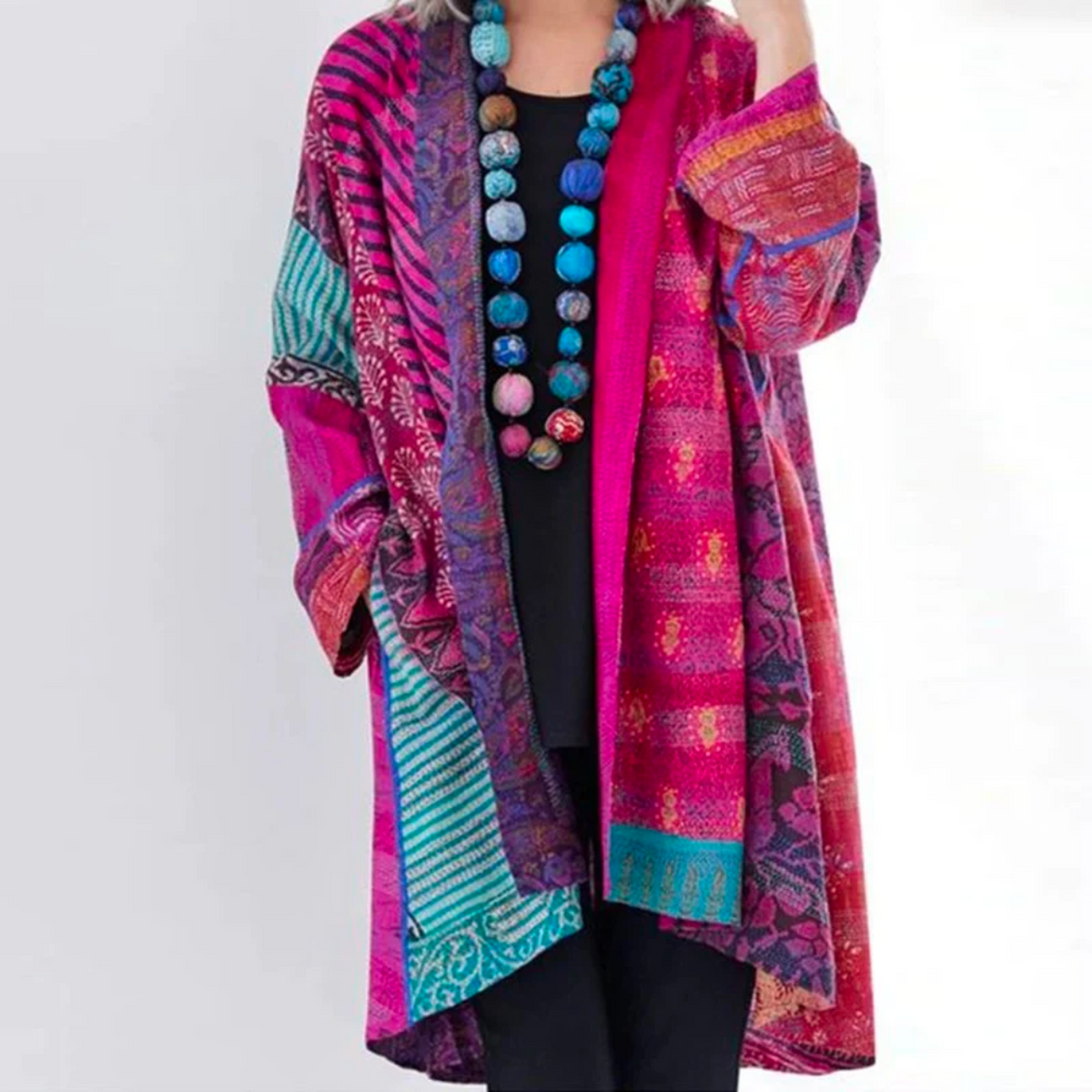 Women's Boho Patchwork Open-Front Duster Cardigan