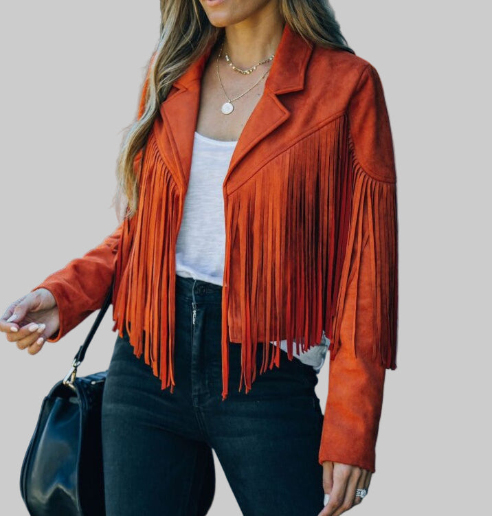 Women's Cropped Western Fringe Faux Suede Jacket