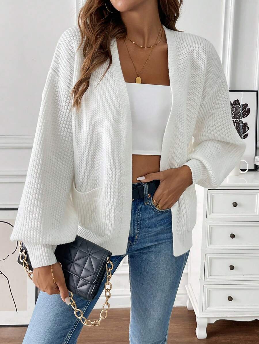 Women's Balloon Sleeve Ribbed Knit Open-Front Cardigan