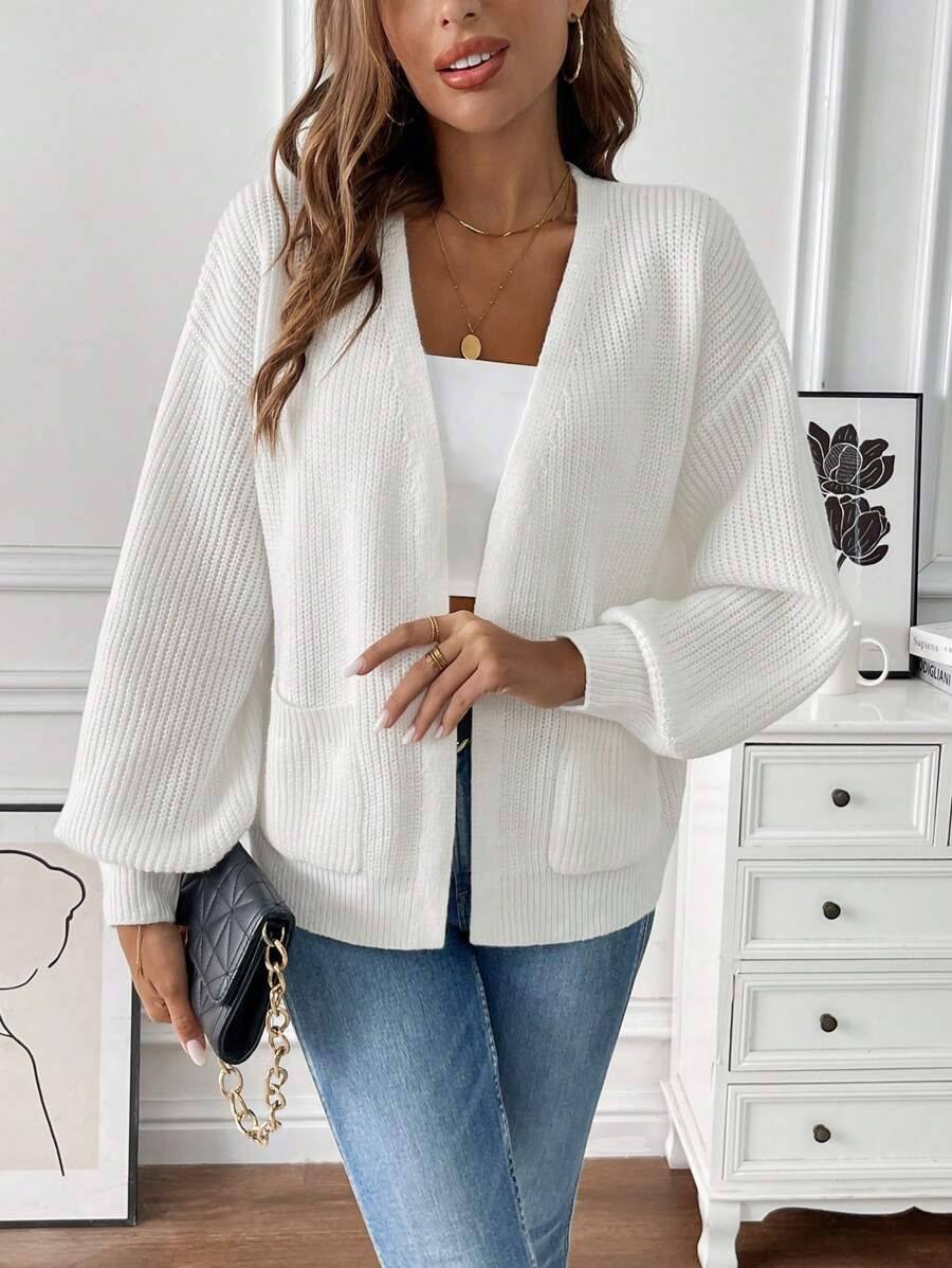 Women's Balloon Sleeve Ribbed Knit Open-Front Cardigan