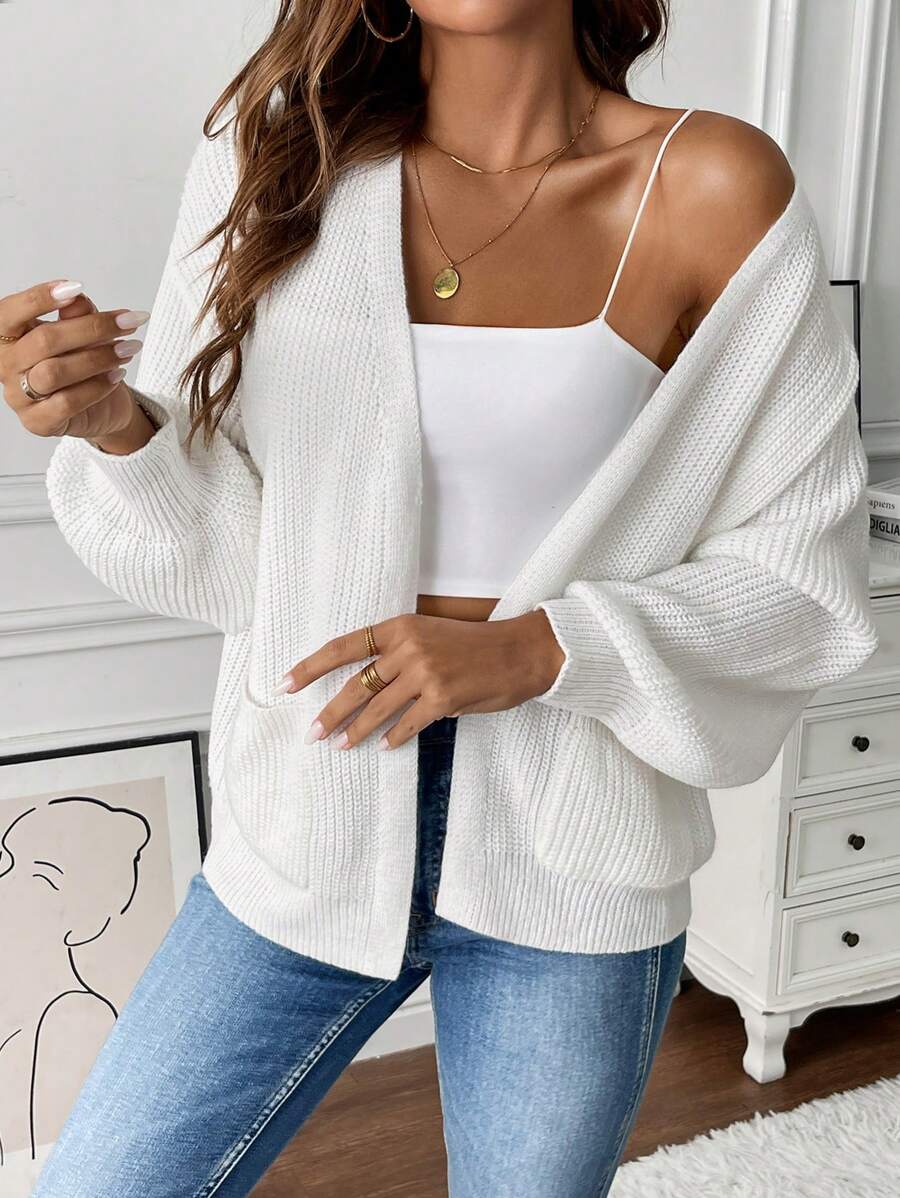 Women's Balloon Sleeve Ribbed Knit Open-Front Cardigan