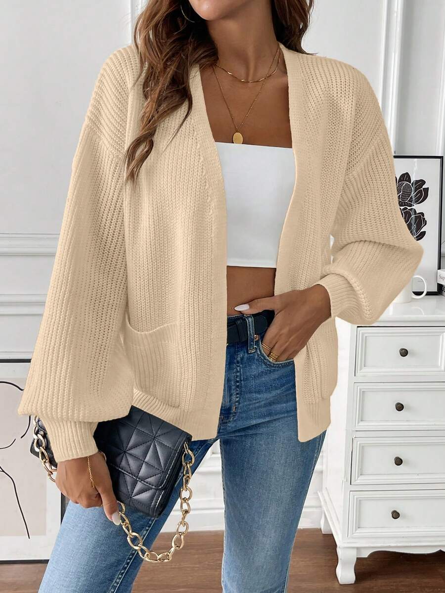 Women's Balloon Sleeve Ribbed Knit Open-Front Cardigan