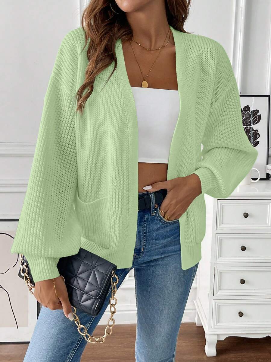 Women's Balloon Sleeve Ribbed Knit Open-Front Cardigan