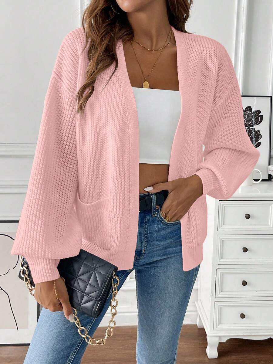 Women's Balloon Sleeve Ribbed Knit Open-Front Cardigan