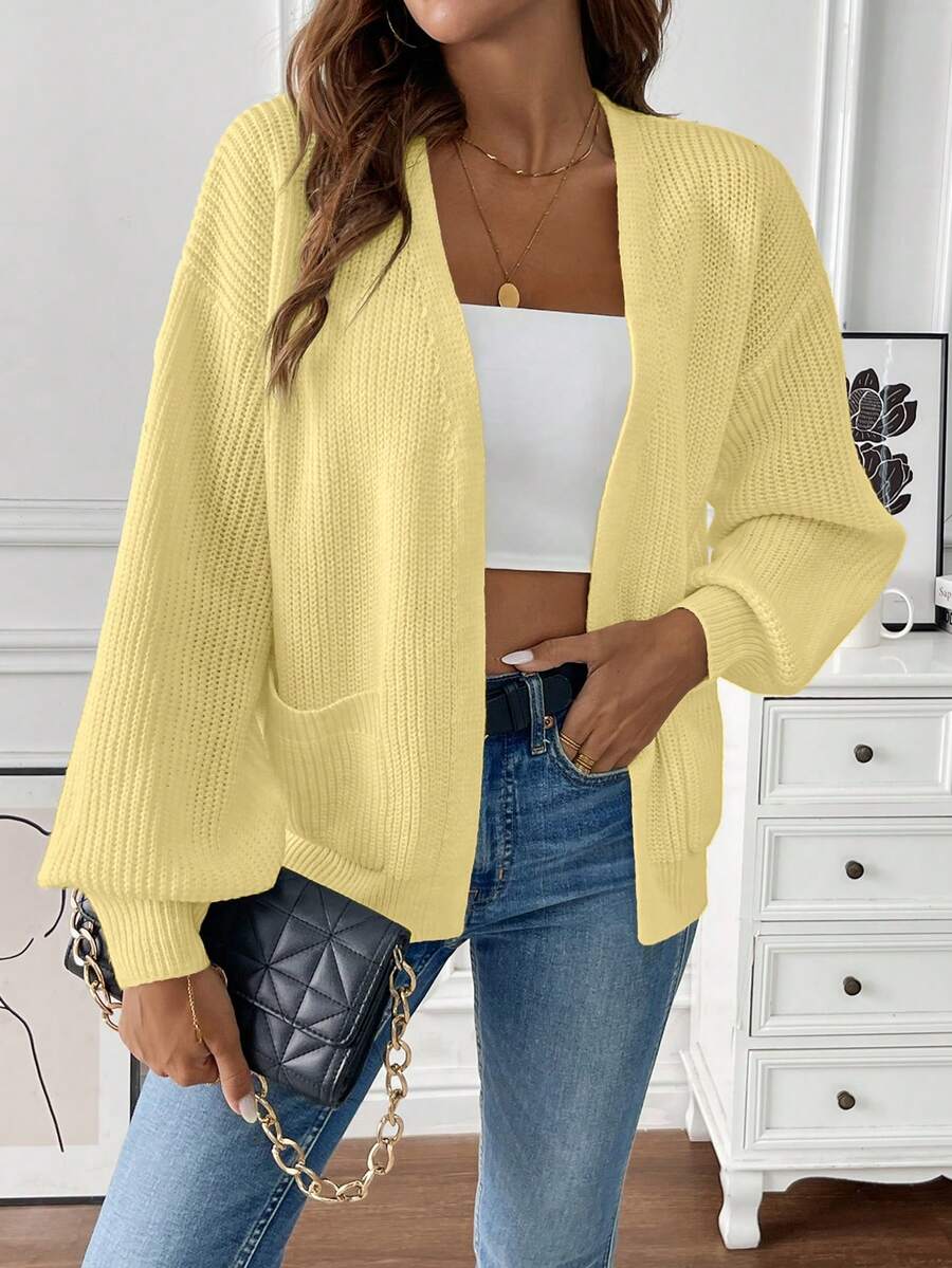 Women's Balloon Sleeve Ribbed Knit Open-Front Cardigan