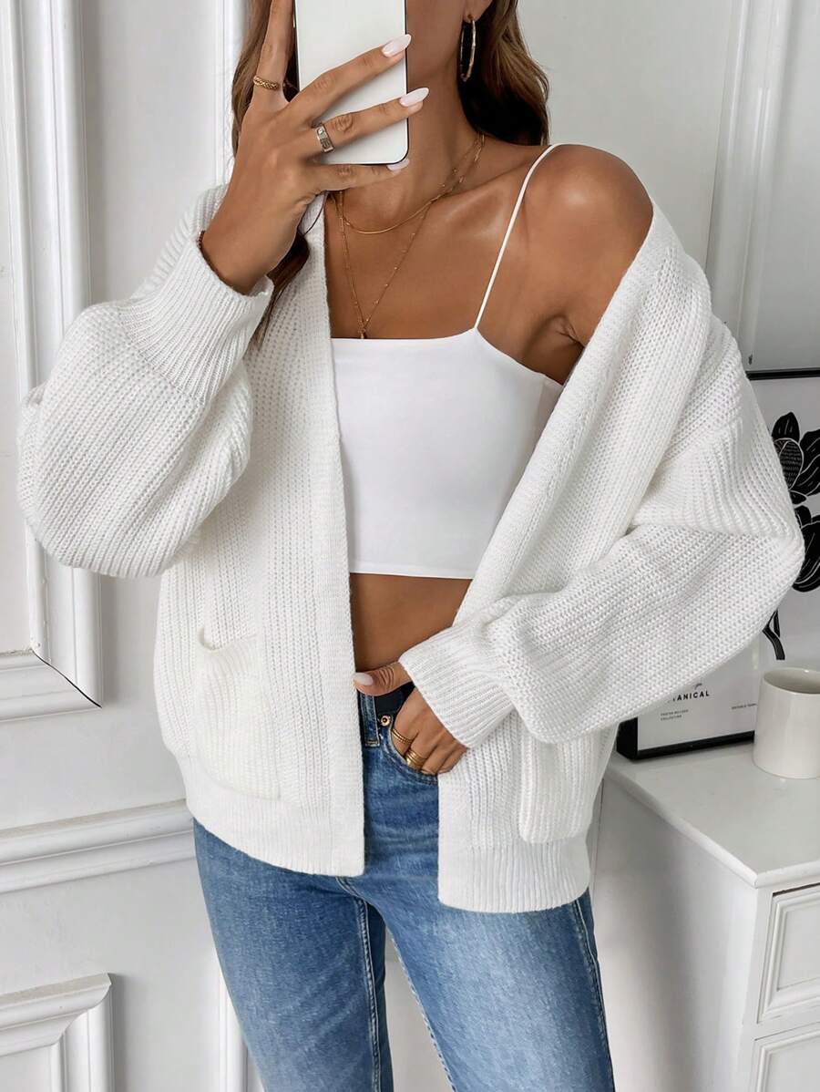 Women's Balloon Sleeve Ribbed Knit Open-Front Cardigan