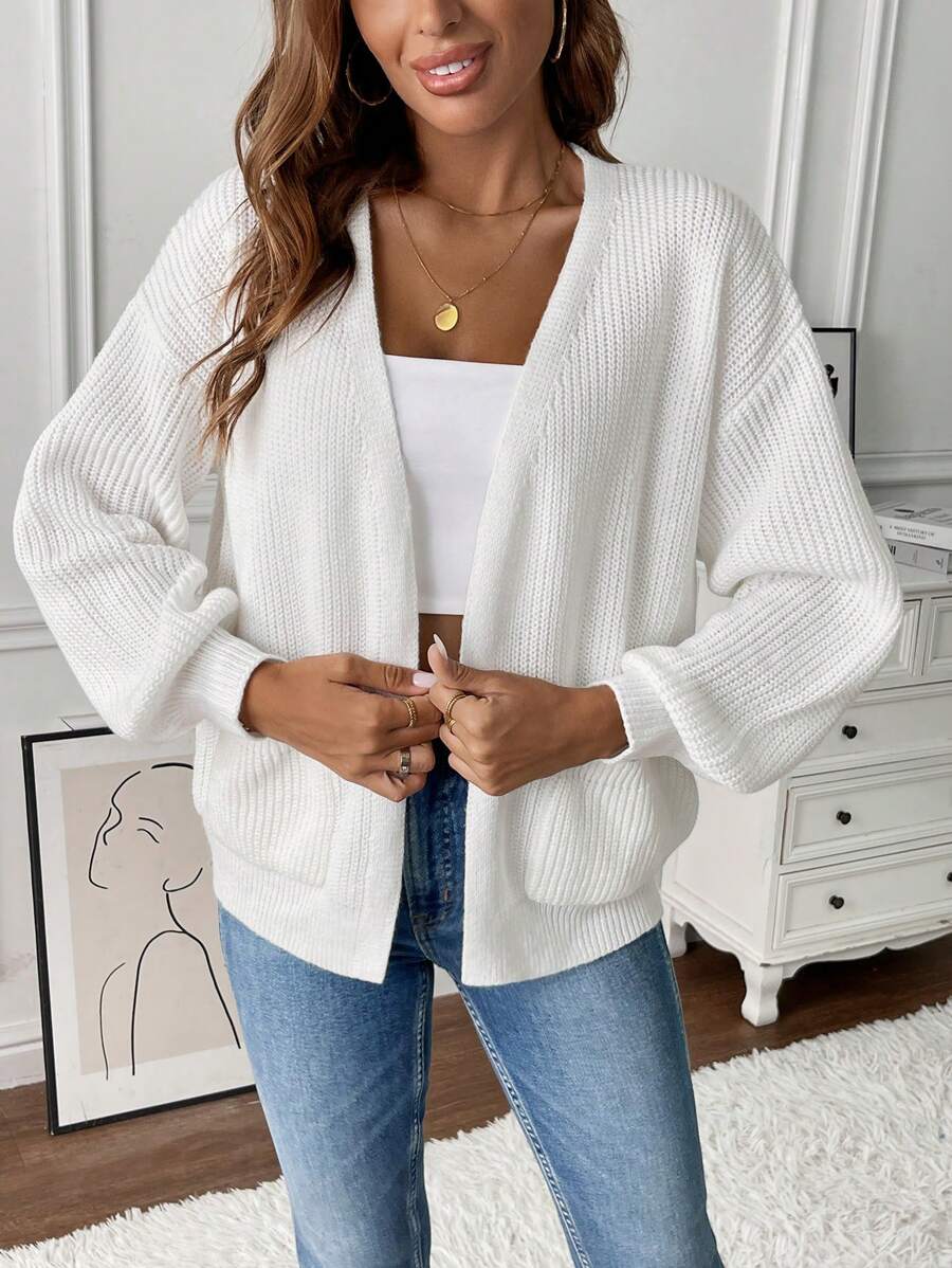 Women's Balloon Sleeve Ribbed Knit Open-Front Cardigan