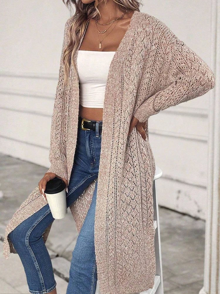 Women's Plus Size Openwork Longline Cardigan in Khaki