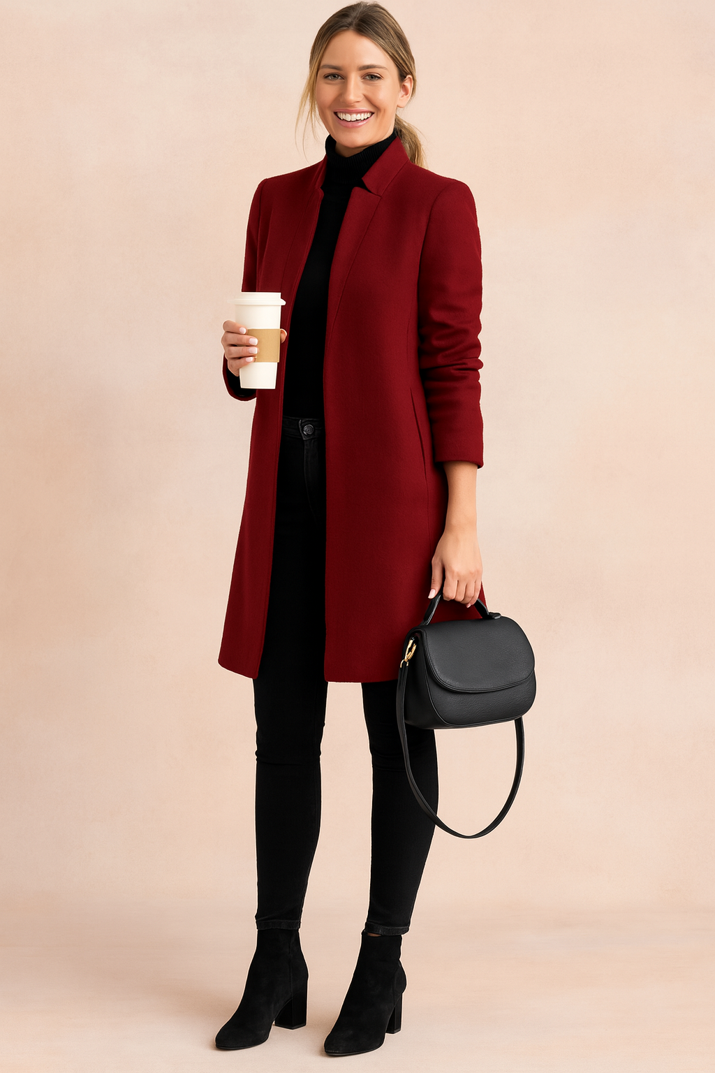 Women's Open-Front Straight-Cut Wool-Look Longline Coat