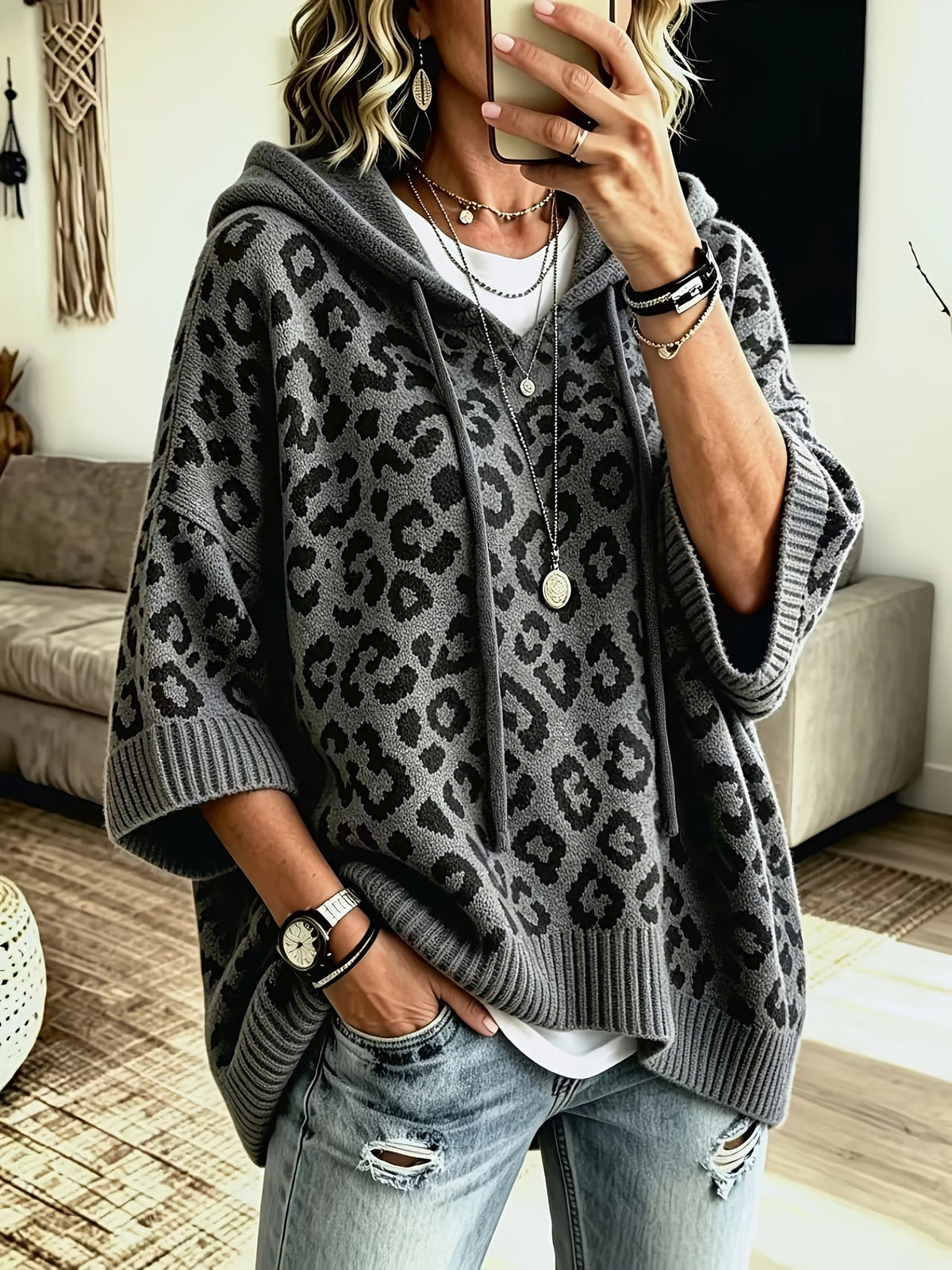 Women's Oversized Leopard Print Knit Hoodie