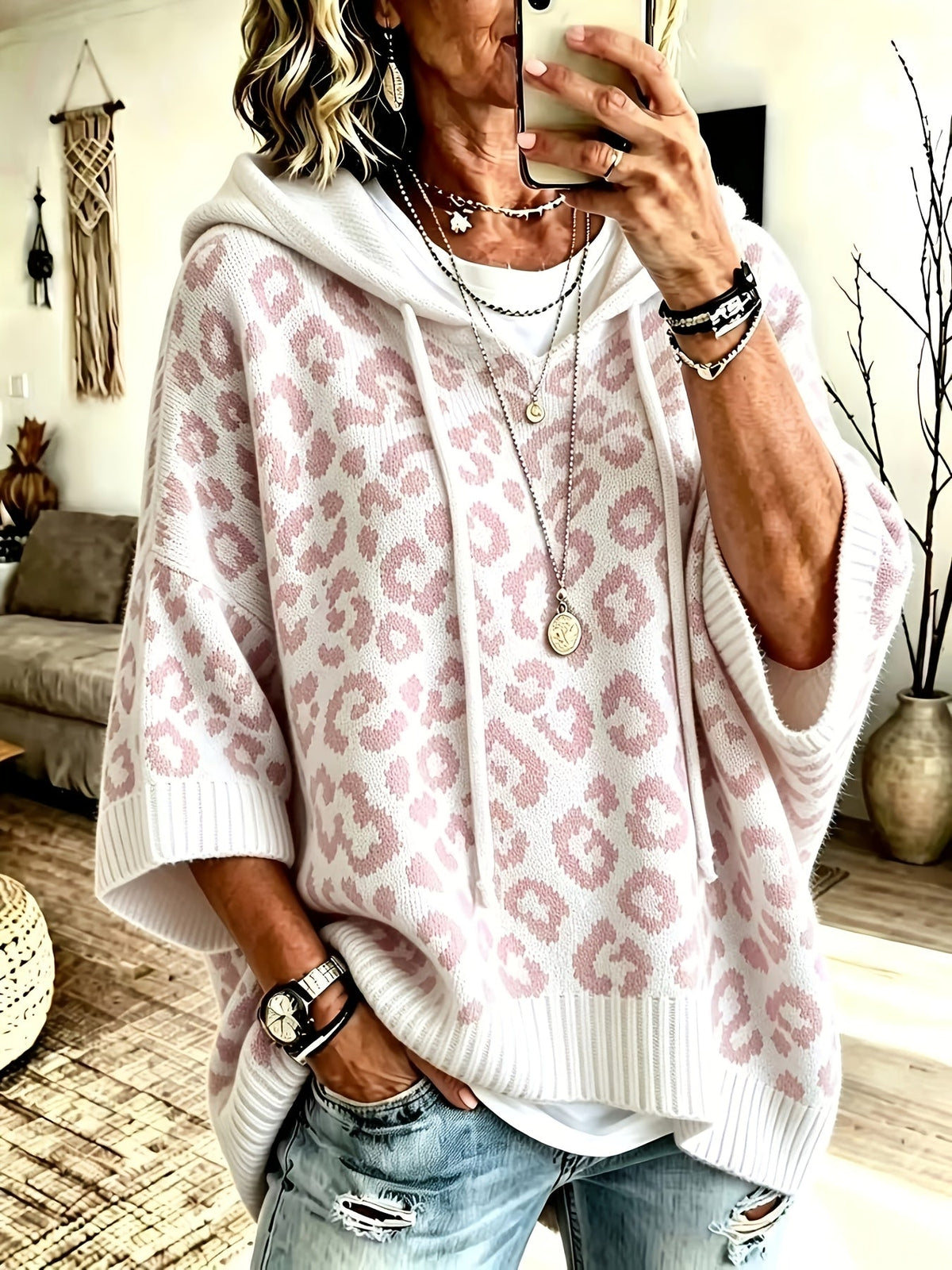 Women's Oversized Leopard Print Knit Hoodie