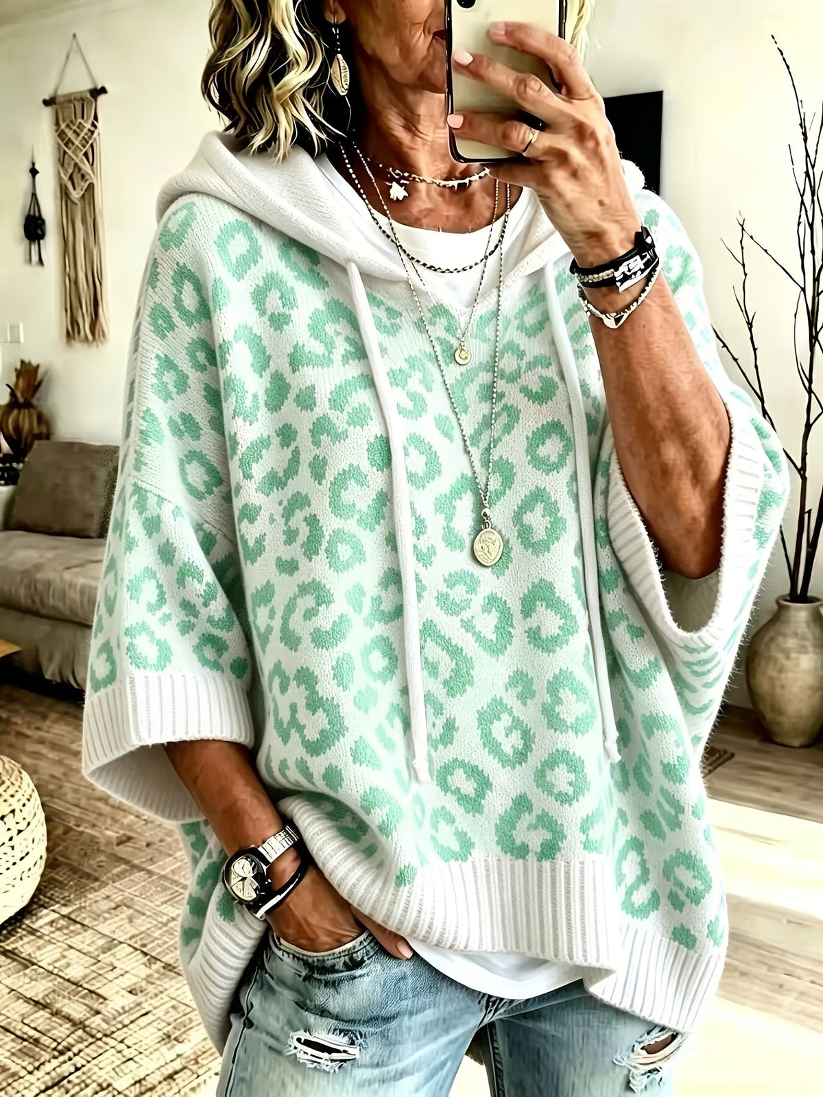 Women's Oversized Leopard Print Knit Hoodie