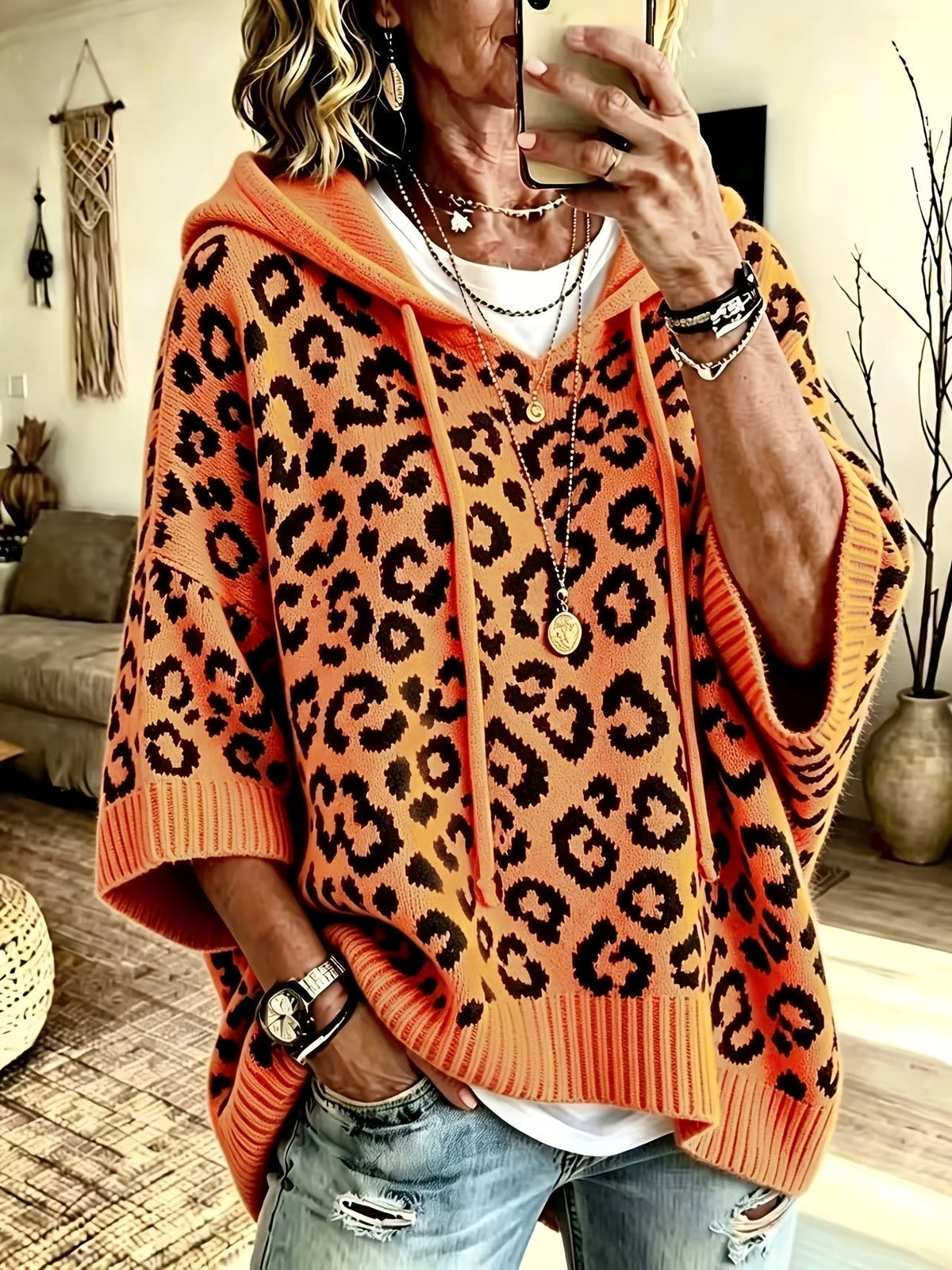 Women's Oversized Leopard Print Knit Hoodie
