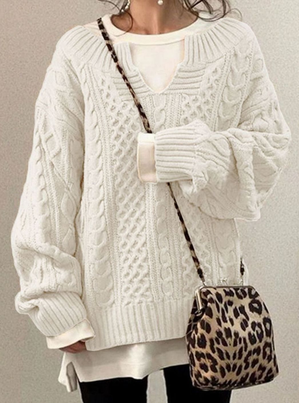 Women's Oversized Cable Knit V-Neck Jumper