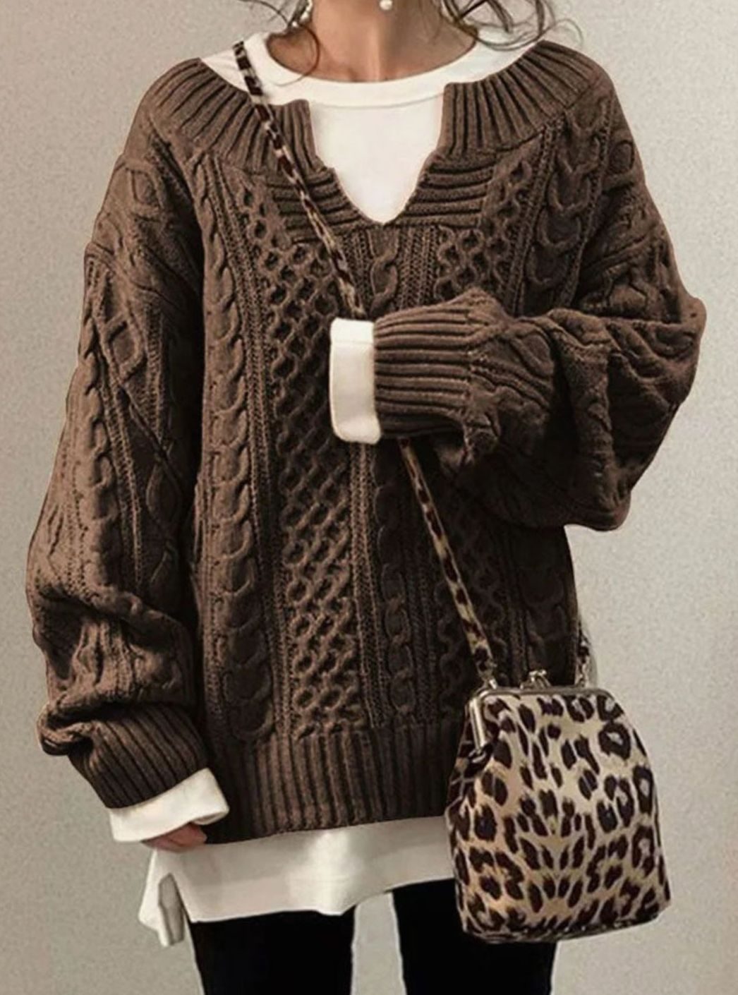 Women's Oversized Cable Knit V-Neck Jumper