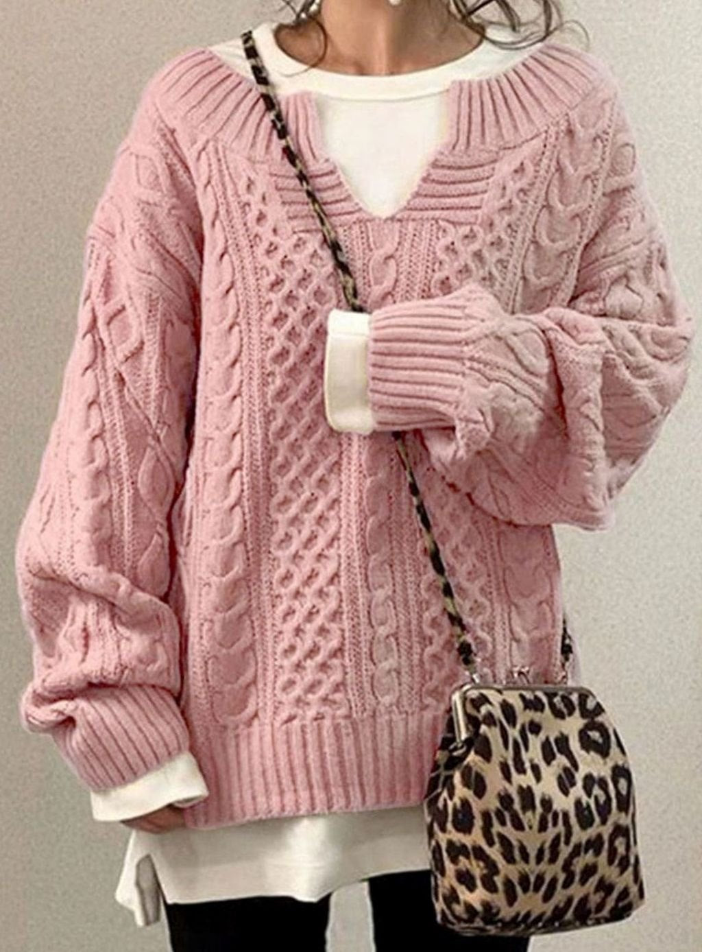 Women's Oversized Cable Knit V-Neck Jumper