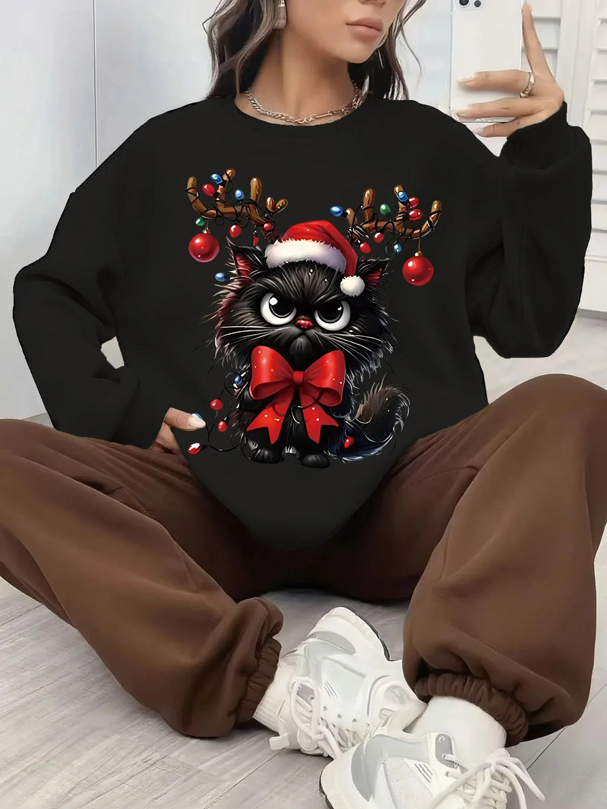 Women's Christmas Jumper Cat Reindeer Antlers Oversized
