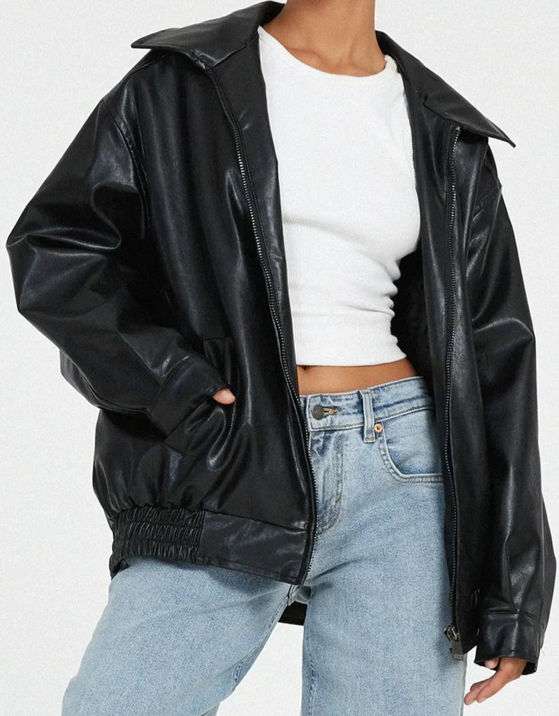 Women's Oversized Faux Leather Jacket with Collar