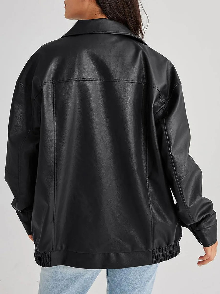 Women's Oversized Faux Leather Jacket with Collar