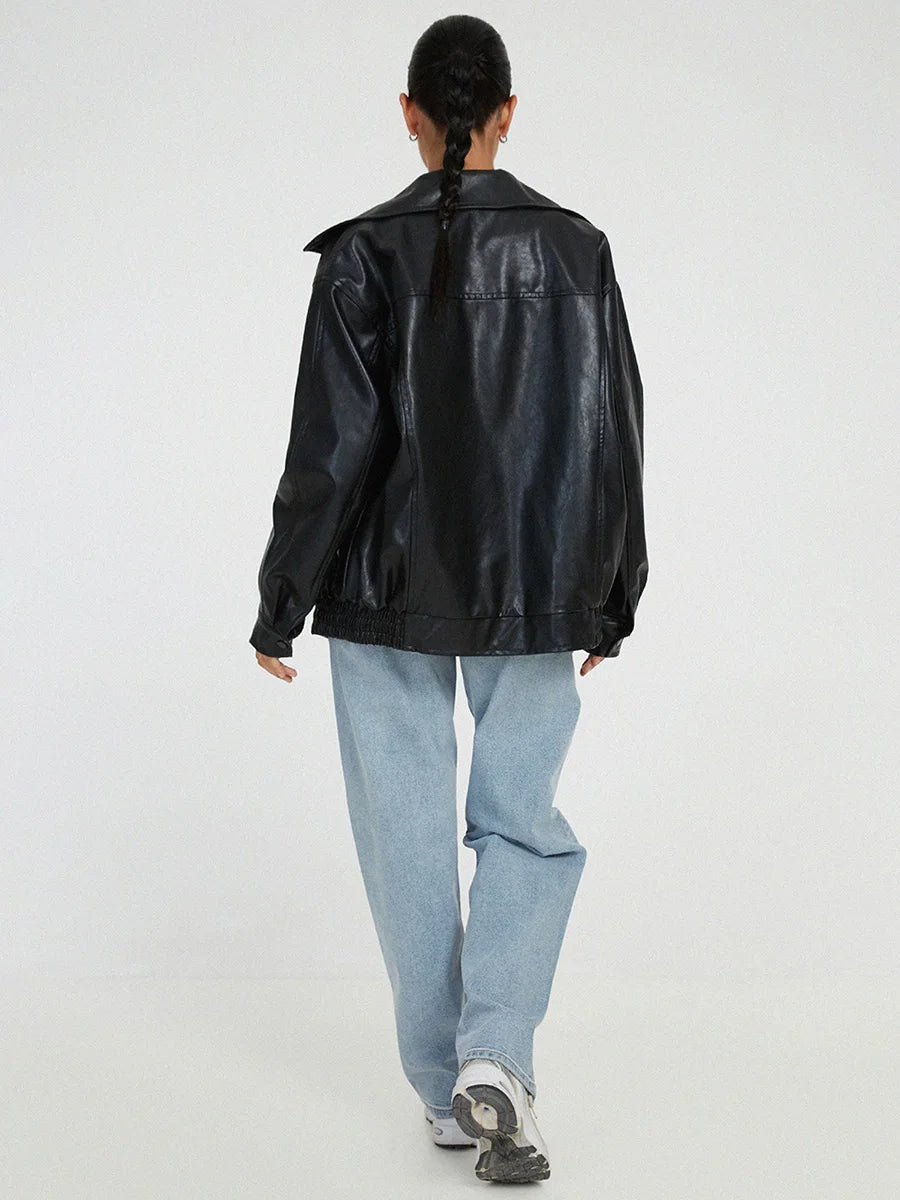 Women's Oversized Faux Leather Jacket with Collar