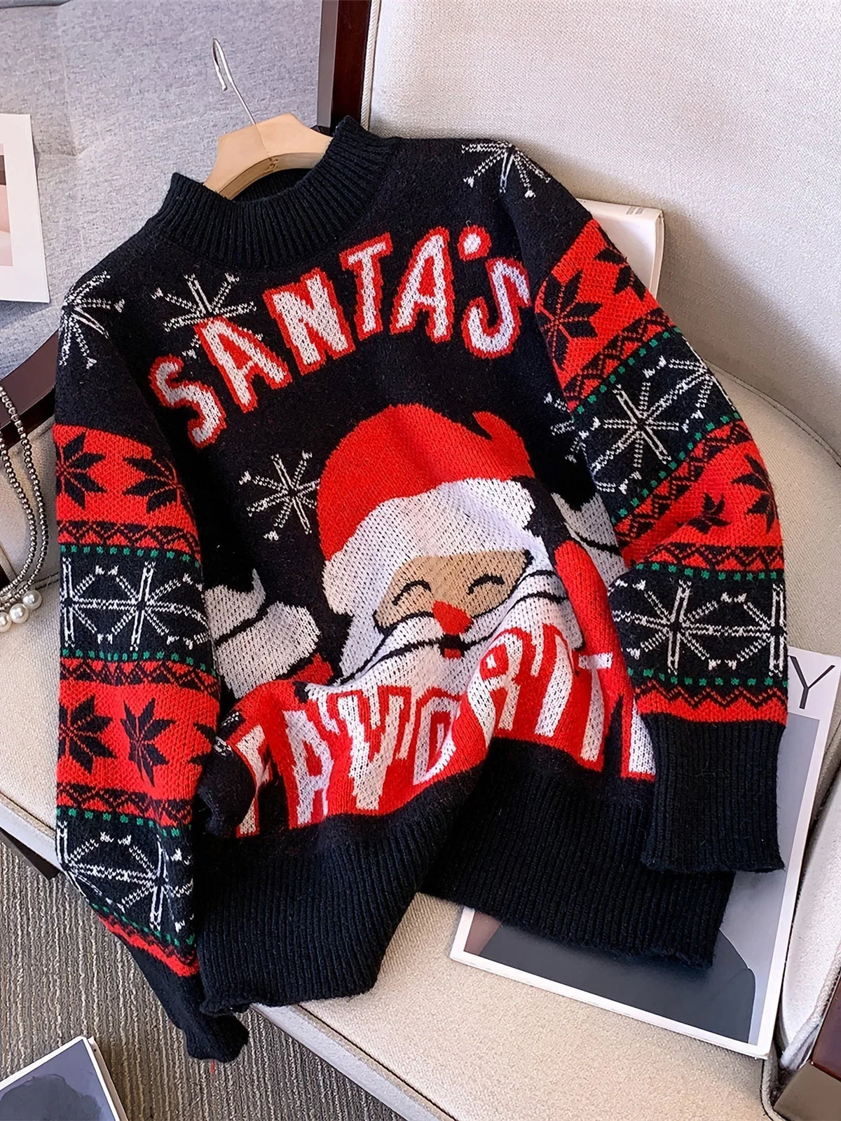 Women's Christmas Jumper Santa Snowflake Oversized in Black