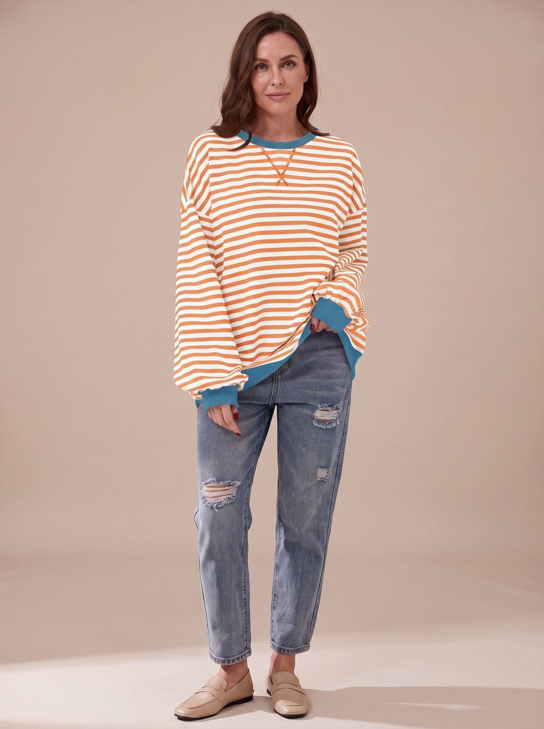 Women's Oversized Striped Sweatshirt with Contrast Trim