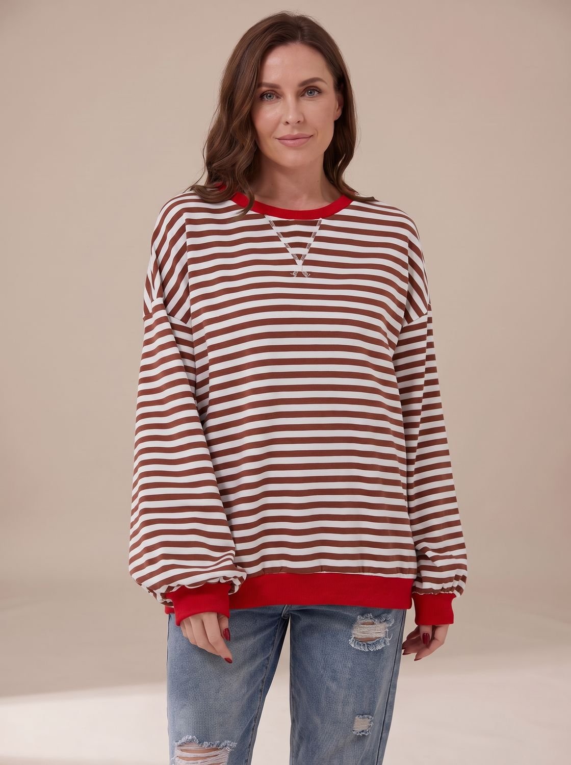 Women's Oversized Striped Sweatshirt with Contrast Trim