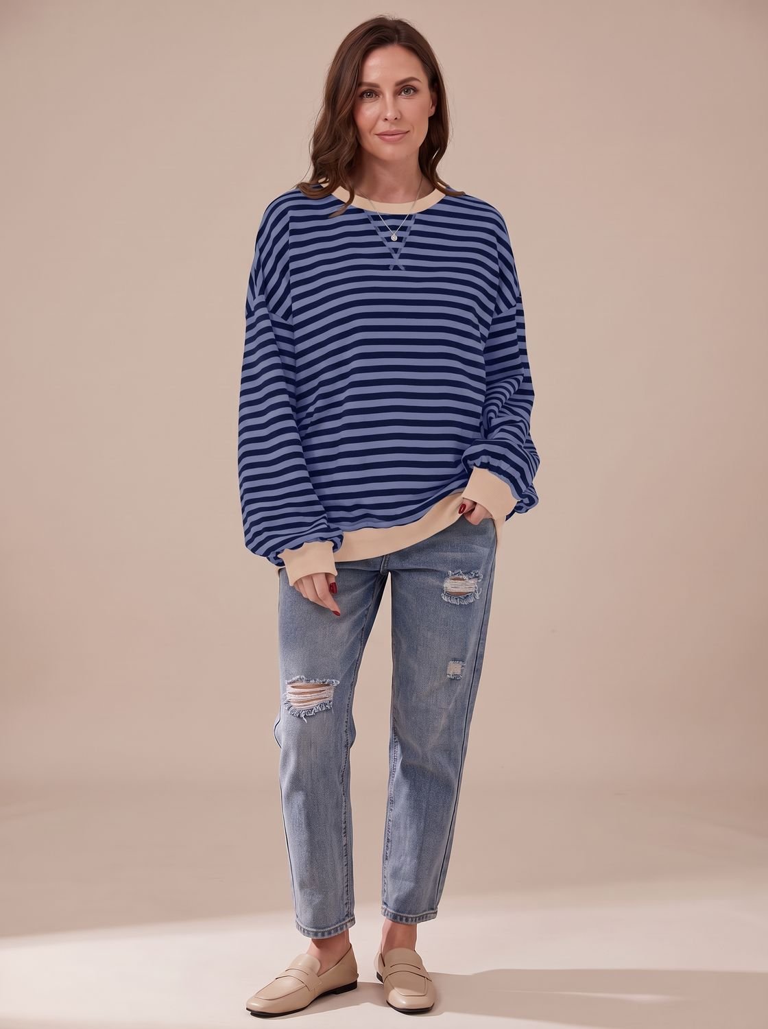 Women's Oversized Striped Sweatshirt with Contrast Trim