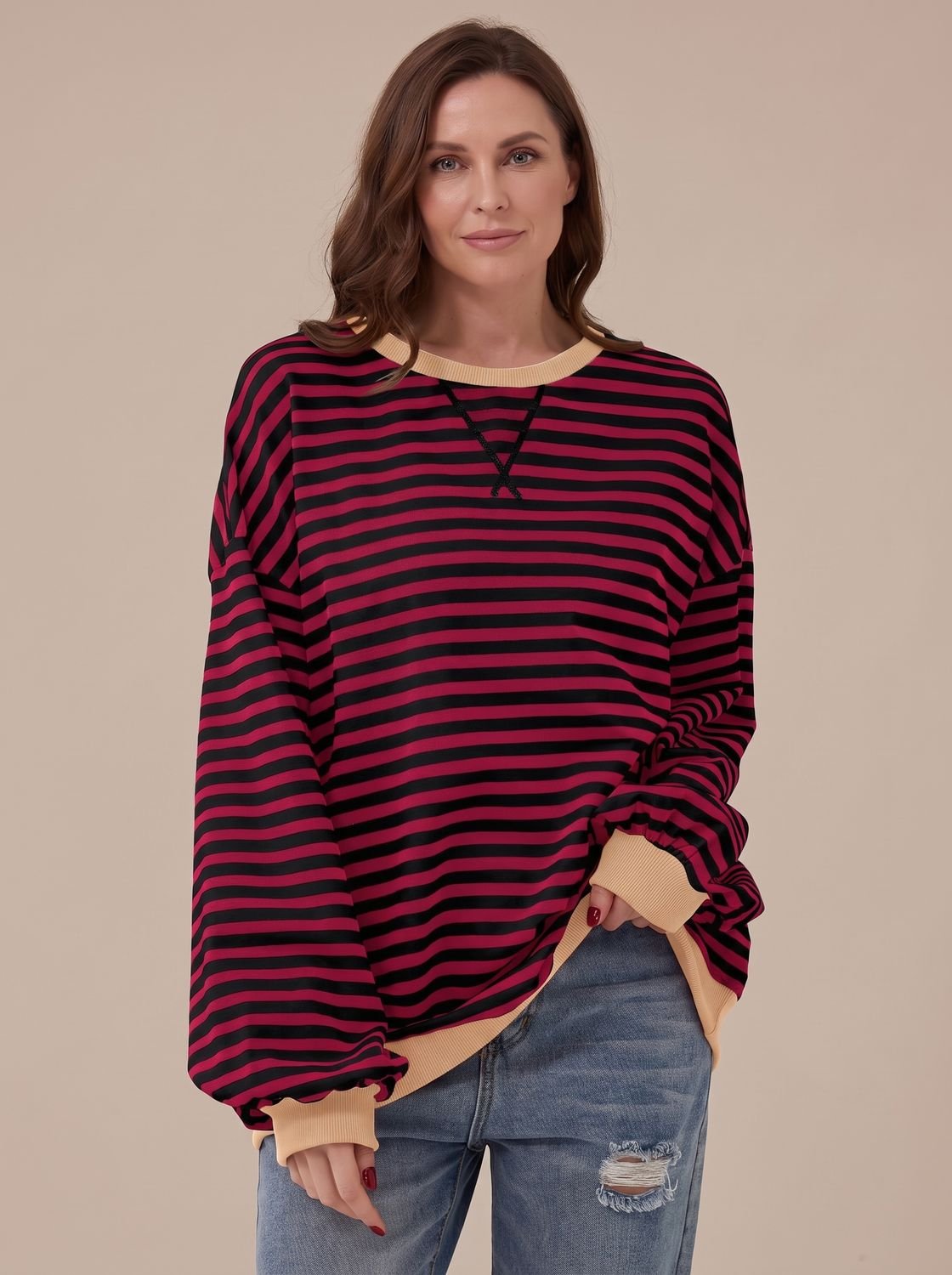 Women's Oversized Striped Sweatshirt with Contrast Trim