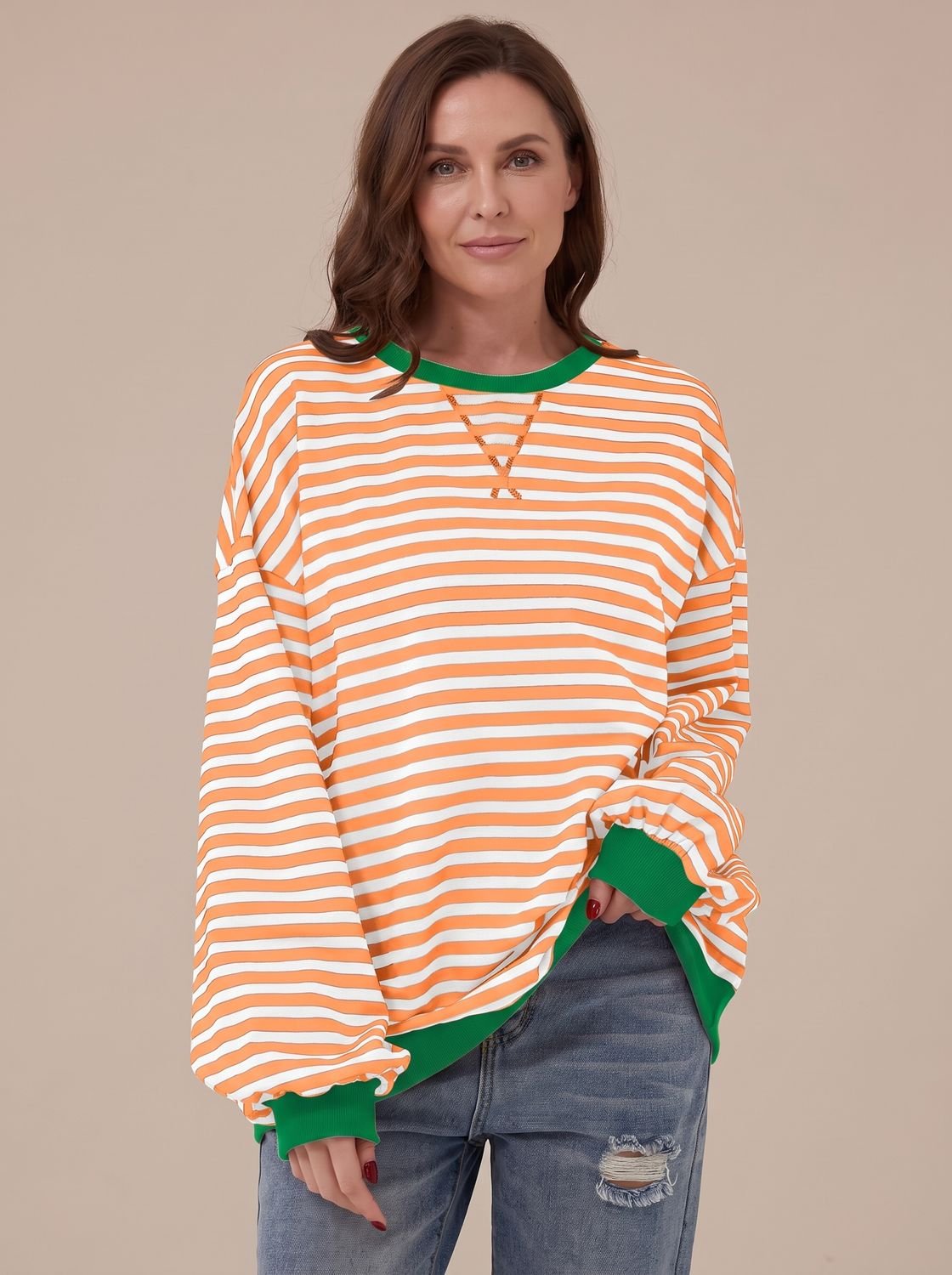 Women's Oversized Striped Sweatshirt with Contrast Trim