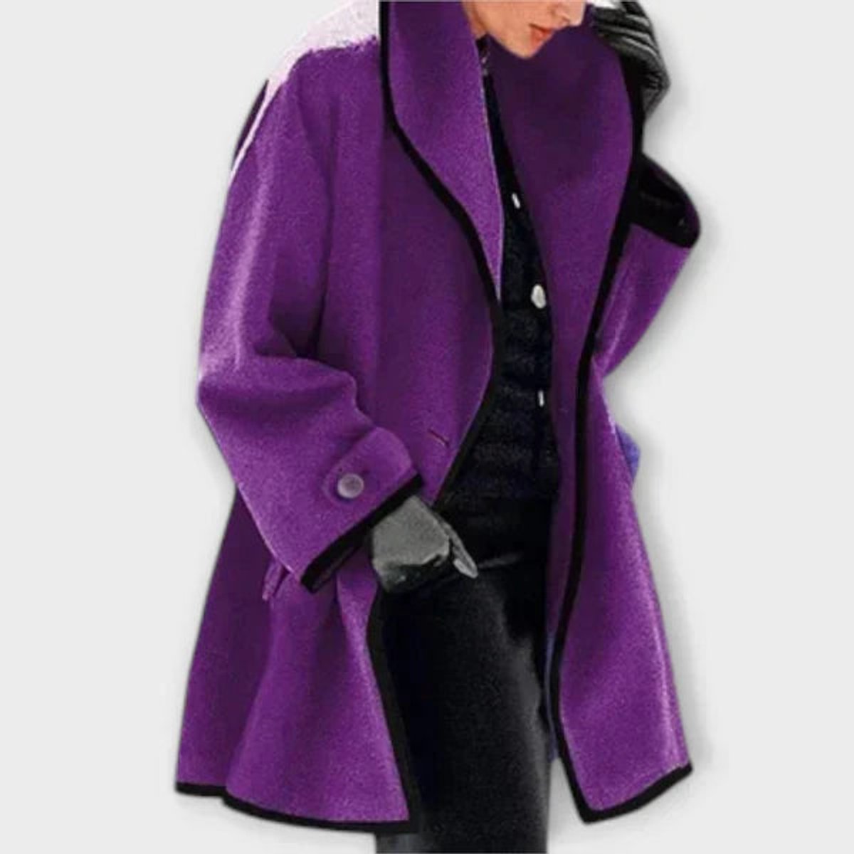 Women's Oversized Wool-Look Swing Coat with Contrast Trim
