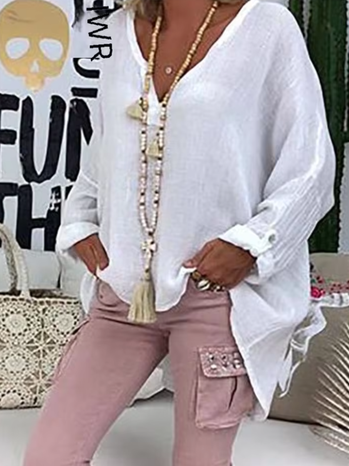 Women's Oversized V-Neck Roll-Tab Sleeve Blouse