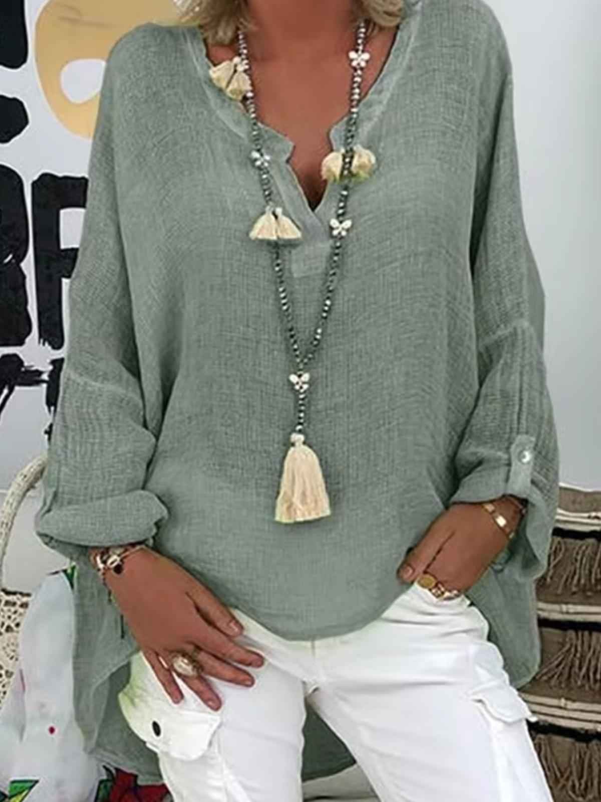 Women's Oversized V-Neck Roll-Tab Sleeve Blouse
