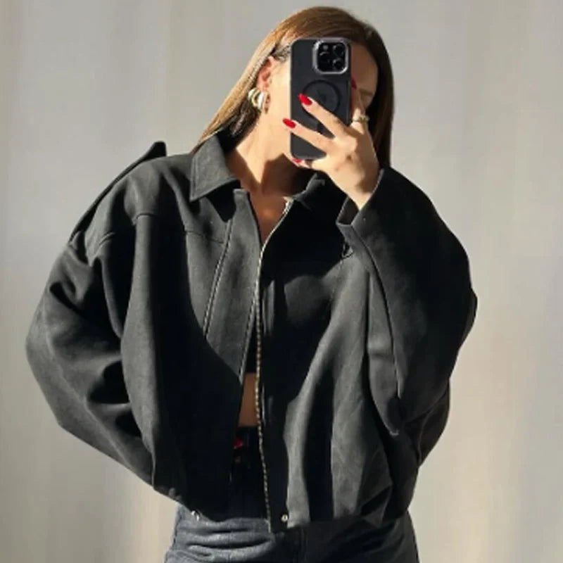 Women's Oversized Cropped Faux Suede Bomber Jacket