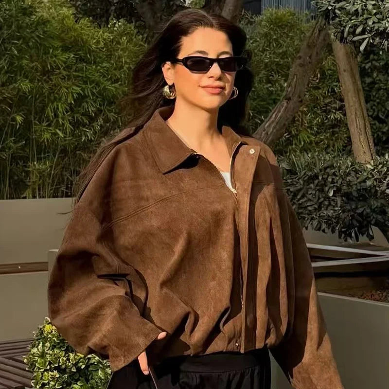 Women's Oversized Cropped Faux Suede Bomber Jacket