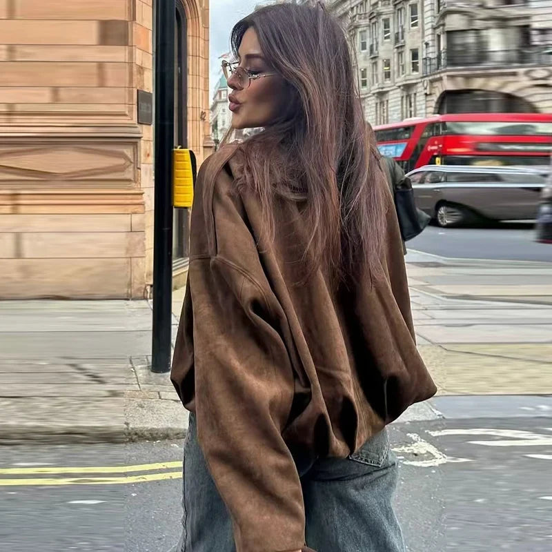 Women's Oversized Cropped Faux Suede Bomber Jacket