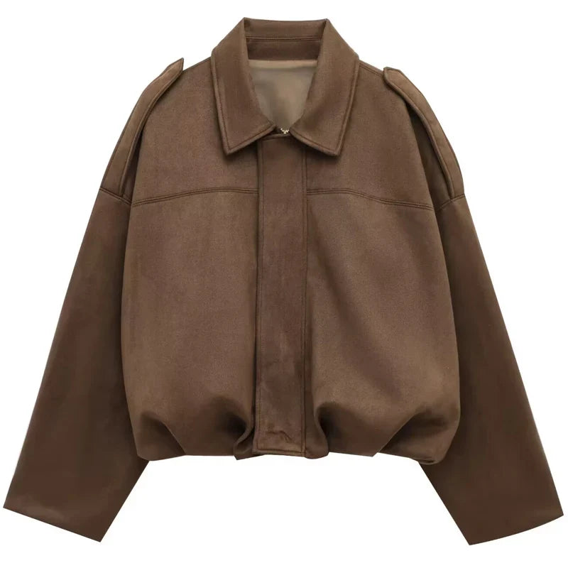 Women's Oversized Cropped Faux Suede Bomber Jacket