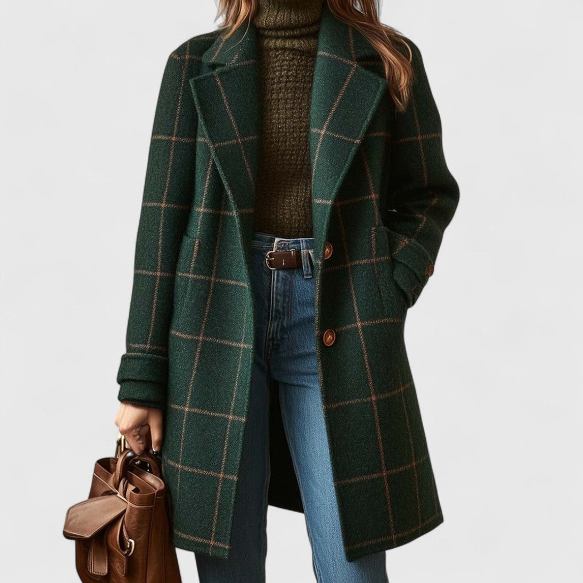 Women's Plaid Wool-Look Longline Coat in Dark Green