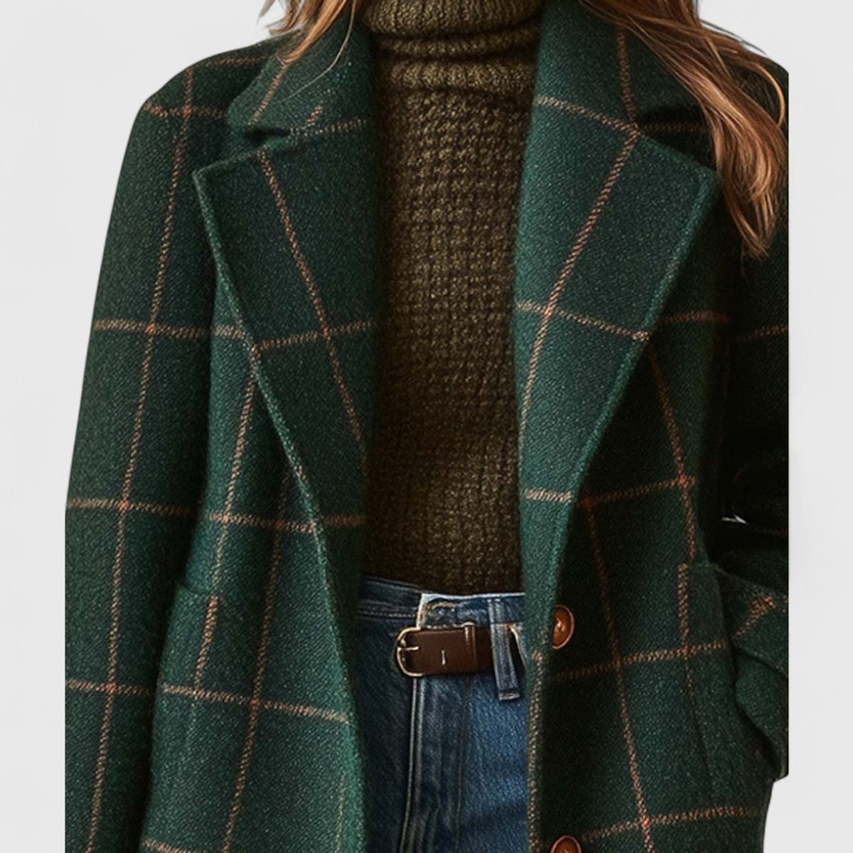 Women's Plaid Wool-Look Longline Coat in Dark Green