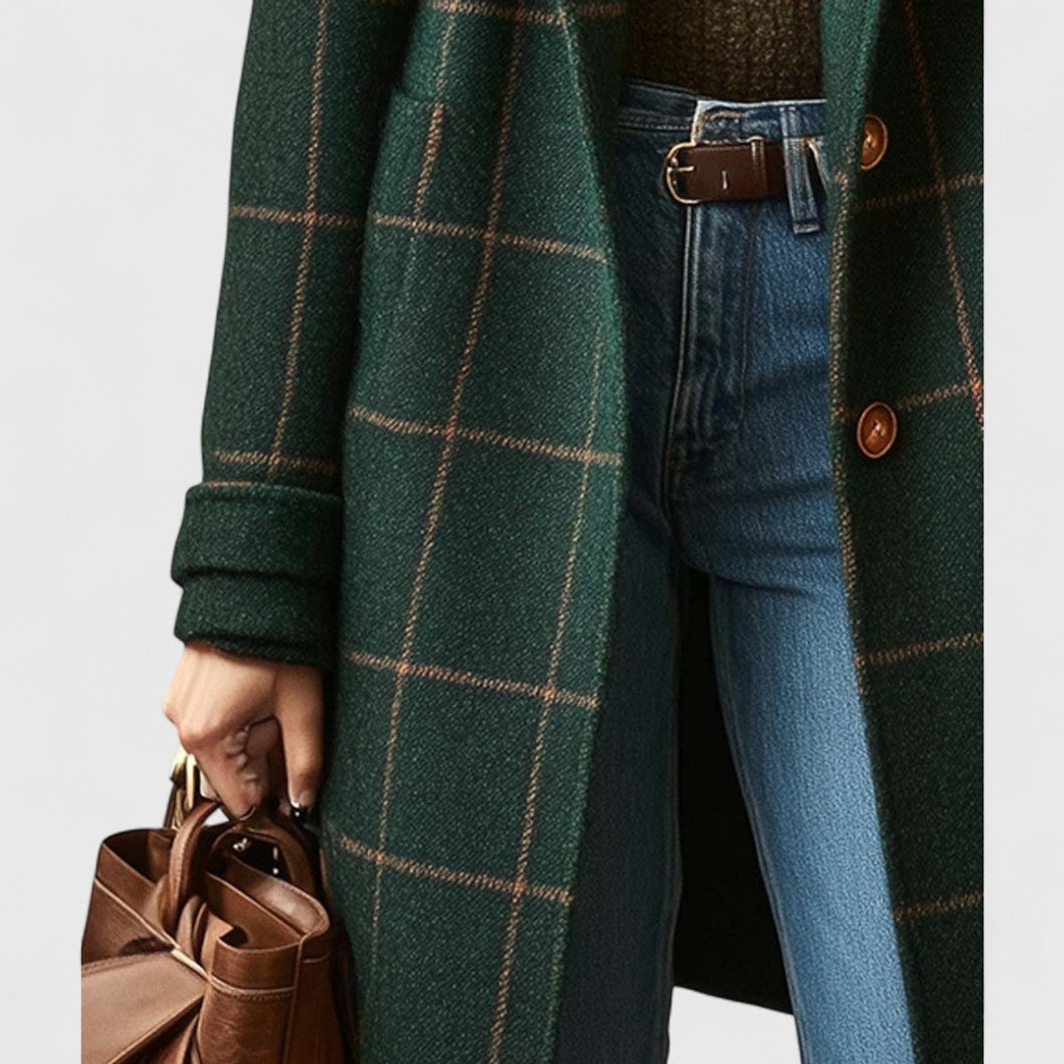 Women's Plaid Wool-Look Longline Coat in Dark Green