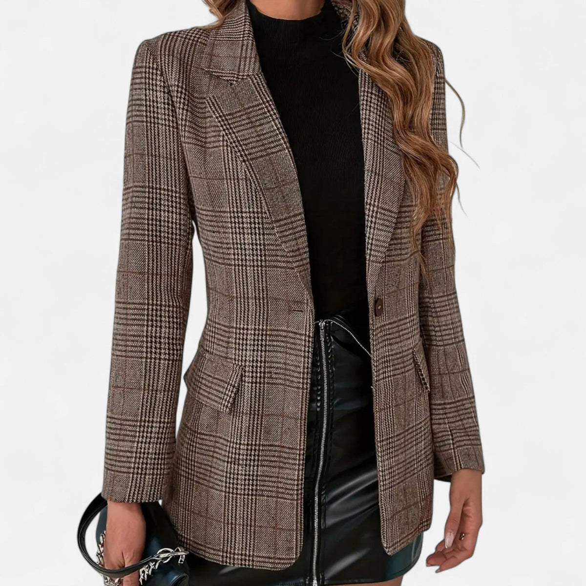 Women's Check Tweed-Look Notch Lapel Blazer in Brown