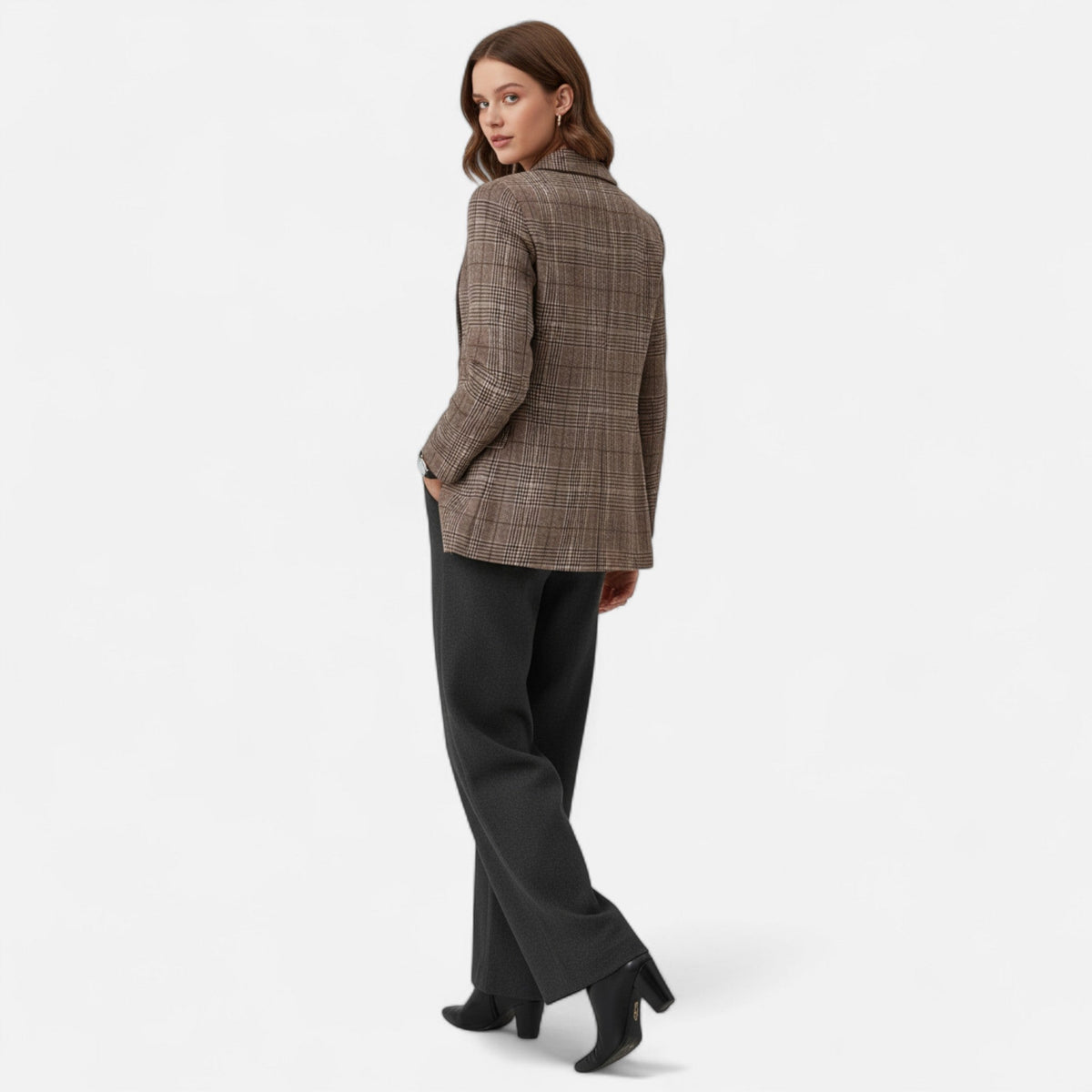 Women's Check Tweed-Look Notch Lapel Blazer in Brown