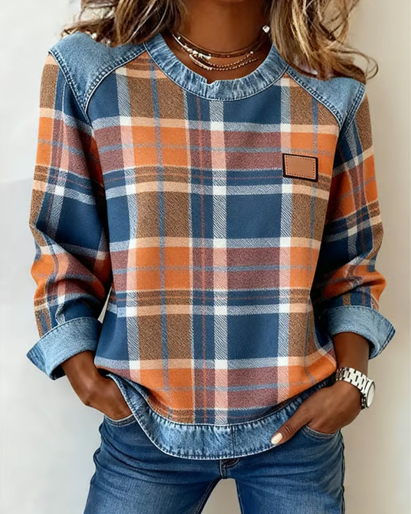 Women's Plaid Patchwork Sweatshirt with Denim Trim