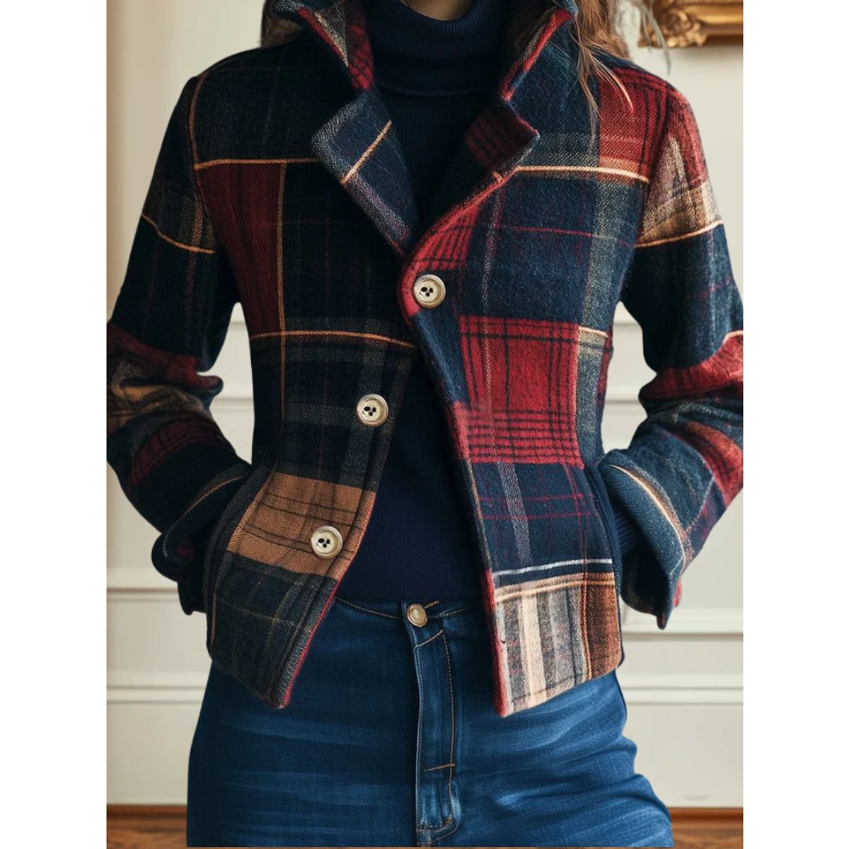Women's Plaid Patchwork Wool-Look Single-Breasted Blazer Jacket